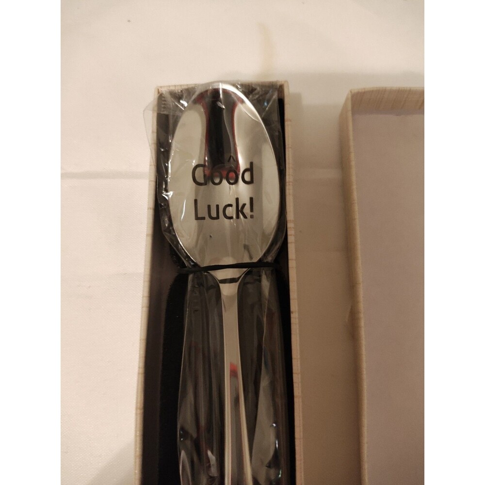 Long Handled Teaspoon "Good Luck" Inscription In Gift Box - Picture 2 of 3